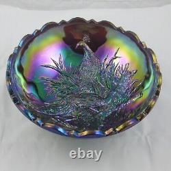 LG Wright Iridescent Peacock Bowl with Butterfly Back Carnival Glass Bowl