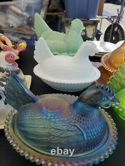 LOT OF 6 HEN ON A NEST basket COVERED DISH blue green white jade carnival glass