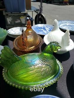 LOT OF 6 HEN ON A NEST basket COVERED DISH blue green white jade carnival glass