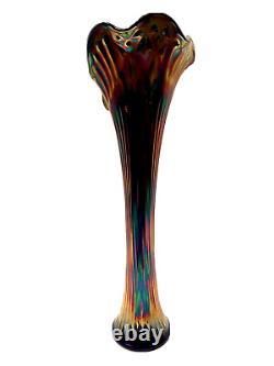 Large Fenton Iridescent Cobalt Blue 16 Thin Rib Carnival Glass Swung Vase