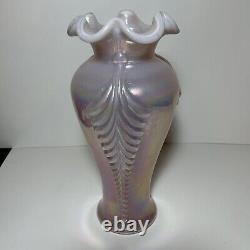 Large Fenton Pink Opalescent Iridescent Carnival Glass Feather Vase 10 3/4 Tall