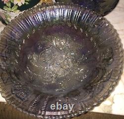Large Footed Fruit Bowl. Carnival Gls. Smoke/iridescent. Rose Lustre