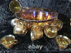 Large Indiana Amber Iridescent Gold Carnival Glass Punch Bowl Set