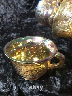 Large Indiana Amber Iridescent Gold Carnival Glass Punch Bowl Set