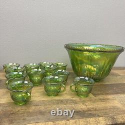 Large Vintage Punch Bow Set in Indiana Green Carnival Glass Iridescent