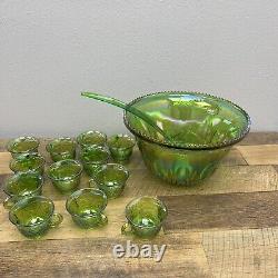 Large Vintage Punch Bow Set in Indiana Green Carnival Glass Iridescent