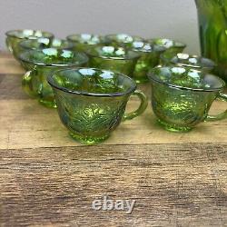 Large Vintage Punch Bow Set in Indiana Green Carnival Glass Iridescent