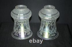 Lot of 2 Art Nouveau 1920's Iridescent Etched White Carnival Glass Lamp Shades