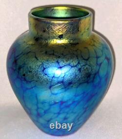 Lundberg Studios 1995 Blue Aurene Opalescent Iridescent Mini Art Glass Vase