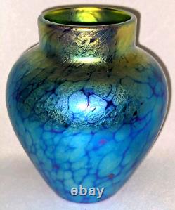 Lundberg Studios 1995 Blue Aurene Opalescent Iridescent Mini Art Glass Vase