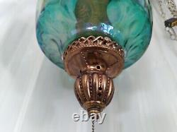 MCM GREEN/BLUE Hanging IRIDESCENT CARNIVAL GLASS SWAG LAMP Mid-Century Modern