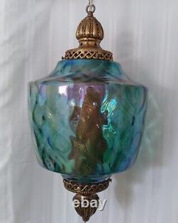 MCM GREEN/BLUE Hanging IRIDESCENT CARNIVAL GLASS SWAG LAMP Mid-Century Modern