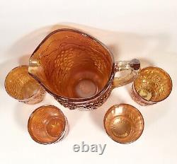 Marigold Carnival Glass Pitcher and 4 tumblers Set Grape Pattern Vintage