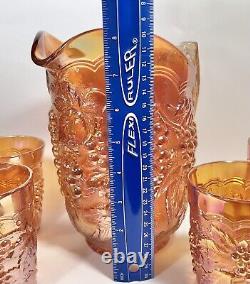 Marigold Carnival Glass Pitcher and 4 tumblers Set Grape Pattern Vintage
