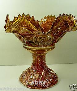 Marigold Iridescent INMERIAL CARNIVAL GLASS Twins Ruffled Bowl & Stand Footed