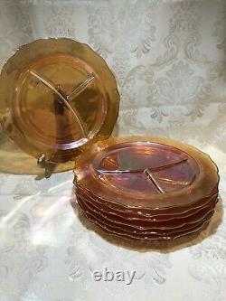 Marigold Iridescent Luster Glass, Federal Normandie Divided Grill Plates, 8 Pcs