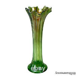 Mid-Century Green Iridescent Carnival Art Glass Swung Vase