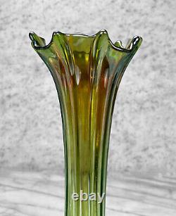 Mid-Century Green Iridescent Carnival Art Glass Swung Vase