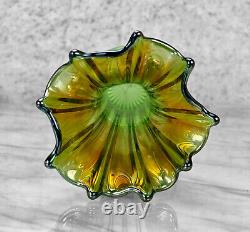 Mid-Century Green Iridescent Carnival Art Glass Swung Vase