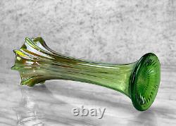 Mid-Century Green Iridescent Carnival Art Glass Swung Vase