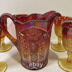 Mid Century Indiana Carnival Glass Heirloom Sunset Iridescent Pitcher + Glasses
