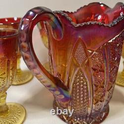 Mid Century Indiana Carnival Glass Heirloom Sunset Iridescent Pitcher + Glasses