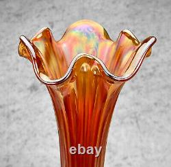 Mid-Century Large Marigold Orange Iridescent Carnival Art Glass Swung Vase