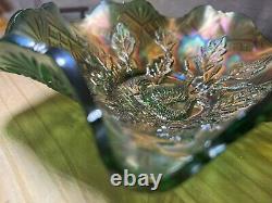 Millersburg Carnival Glass Nesting Swan Ruffled Bowl, Diamond & Fan Back, Green