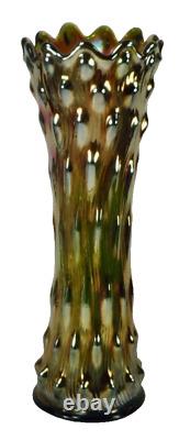 Millersburg Swirled Hobnail Vase Green Carnival Glass Very Iridescent