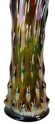 Millersburg Swirled Hobnail Vase Green Carnival Glass Very Iridescent