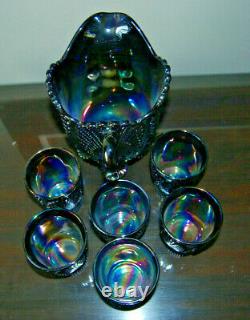 Mosser Diamond Beaded Shell Carnival Glass Water Pitcher Tumbler Set