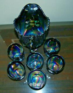 Mosser Diamond Beaded Shell Iridescent Carnival Glass Water Pitcher Tumbler Set