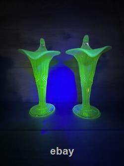 Mosser Glass Jack in Pulpit Vase Diamond Cut Green Opalescent Uranium Glass X2