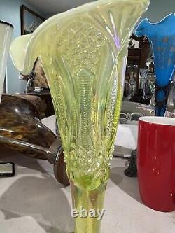 Mosser Glass Jack in Pulpit Vase Diamond Cut Green Opalescent Vaseline Uranium