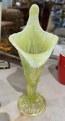 Mosser Glass Jack in Pulpit Vase Diamond Cut Green Opalescent Vaseline Uranium