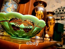 Mosser Green Opalescent Cherry Cable Centerpiece Bowl Gold Gilt Carnival Glass