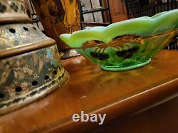 Mosser Green Opalescent Cherry Cable Centerpiece Bowl Gold Gilt Carnival Glass