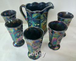 Mosser Iridescent Amethyst Carnival Glass Cherry and Cable Pitcher and 5 Goblets