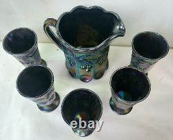 Mosser Iridescent Amethyst Carnival Glass Cherry and Cable Pitcher and 5 Goblets