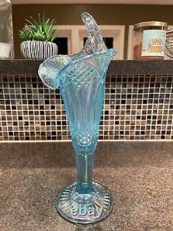 Mosser Jack in the Pulpit Aqua Blue Diamond Carnival Glass Vase 12 Iridescent