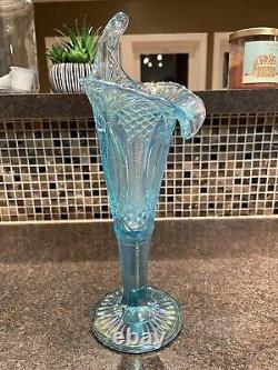 Mosser Jack in the Pulpit Aqua Blue Diamond Carnival Glass Vase 12 Iridescent