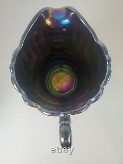 Mosser Pitcher & 6 Juice Glass Set Dark Purple Carnival Glass Iridescent Flower
