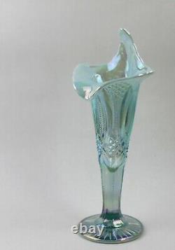 Mosser Vase Jack in the Pulpit Aqua Blue Iridescent Diamond Cut Carnival Glass