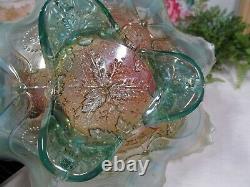 NORTHWOOD Glass Opalescent Three Fruits Aqua medallion bowl Carnival glass
