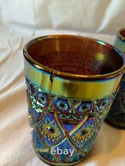 Nice Pair Vintage Imperial Glass Purple Iridescent Water Tumbler Diamond & Lace