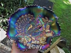 Northwood Amethyst 2½x8¾ PEACOCKS ON THE FENCE Carnival Glass Bowl, BW Reverse
