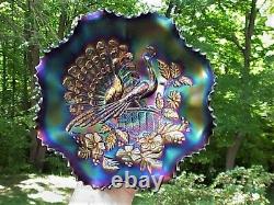 Northwood Amethyst 2½x8¾ PEACOCKS ON THE FENCE Carnival Glass Bowl, BW Reverse