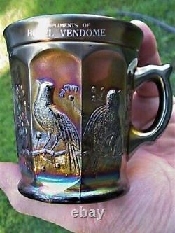 Northwood Amethyst Singing Birds Carnival Glass Mug COMPLIMENTS OF HOTEL VENDOME