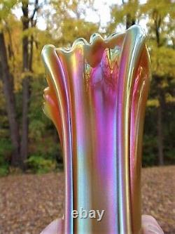 Northwood Aqua Opalescent Butterscotch FOUR PILLARS Carnival Glass Vase, 2 flaws