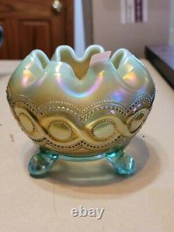 Northwood Aqua Opalescent Carnival Glass Beaded Cable Rose Bowl
